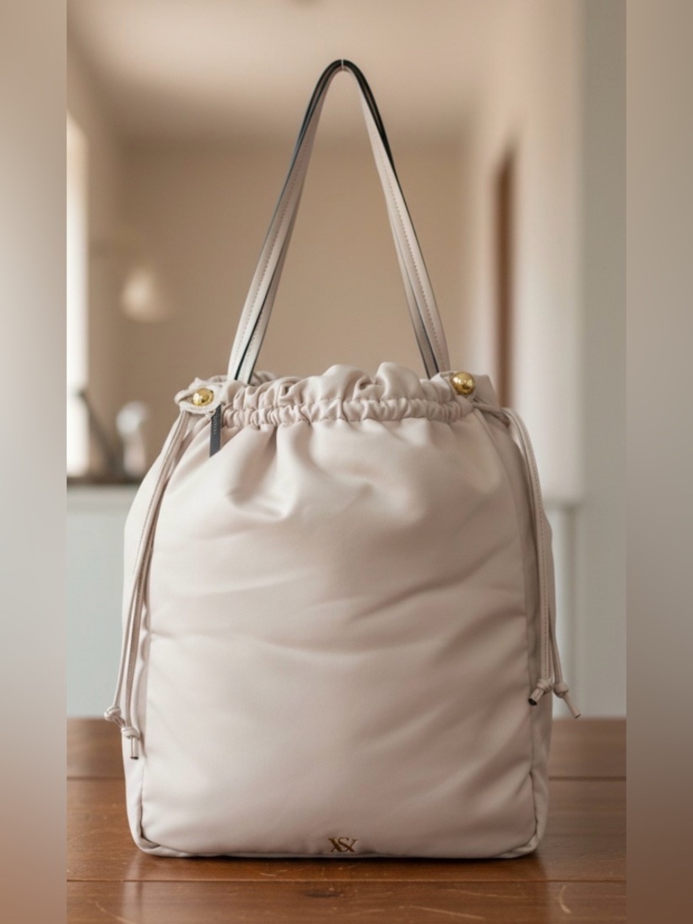 Victoria's Secret Drawstring Shoulder Tote in Soft Cream